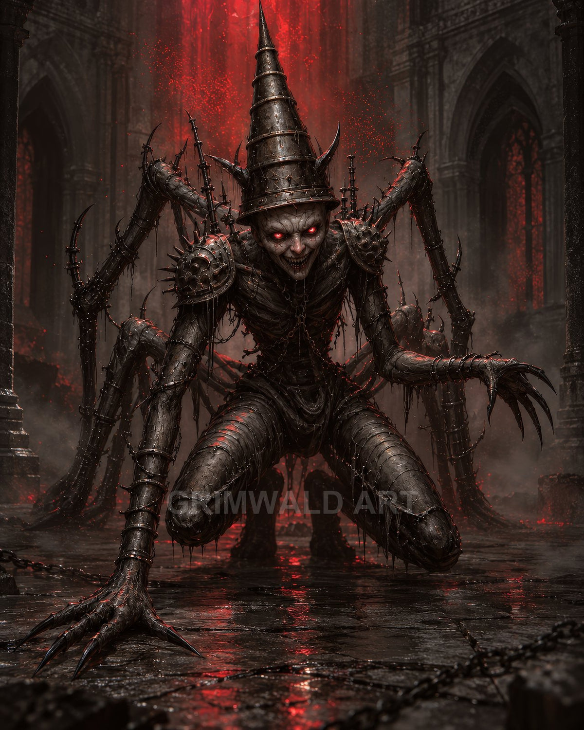 Armoured spider-limbed demon crouches on wet stone inside a ruined gothic cathedral, red eyes blazing as hellish red light pours behind, chains strewn around.
