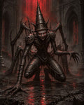 GRID THUMBNAIL — Armoured spider-limbed demon crouches on wet stone inside a ruined gothic cathedral, red eyes blazing as hellish red light pours behind, chains strewn around.