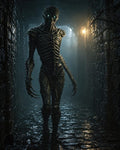 GRID THUMBNAIL — Spiked skeletal humanoid with glowing blue eyes stalks through a wet stone dungeon corridor, lit by a single lantern in misty darkness.