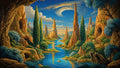 GRID THUMBNAIL — A fantastical river winds through orange rock spires, cypress trees and ancient columned towers beneath a swirling spiral cloud under warm daylight.