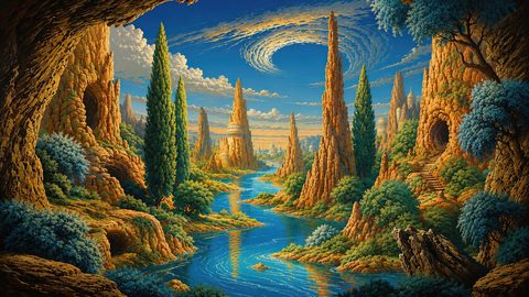 GRID THUMBNAIL — A fantastical river winds through orange rock spires, cypress trees and ancient columned towers beneath a swirling spiral cloud under warm daylight.