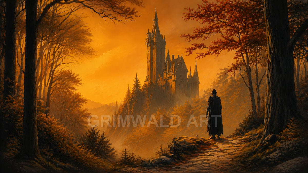 Tall gothic castle rises above a misty autumn forest at sunset, viewed from a cobbled path where a cloaked traveller stands watching.
