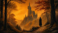 GRID THUMBNAIL — Tall gothic castle rises above a misty autumn forest at sunset, viewed from a cobbled path where a cloaked traveller stands watching.