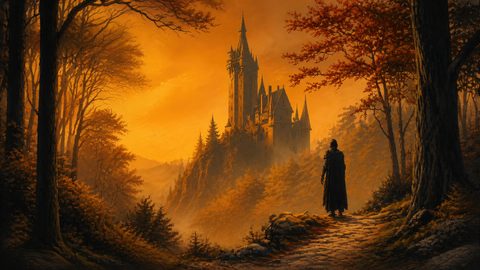 GRID THUMBNAIL — Tall gothic castle rises above a misty autumn forest at sunset, viewed from a cobbled path where a cloaked traveller stands watching.
