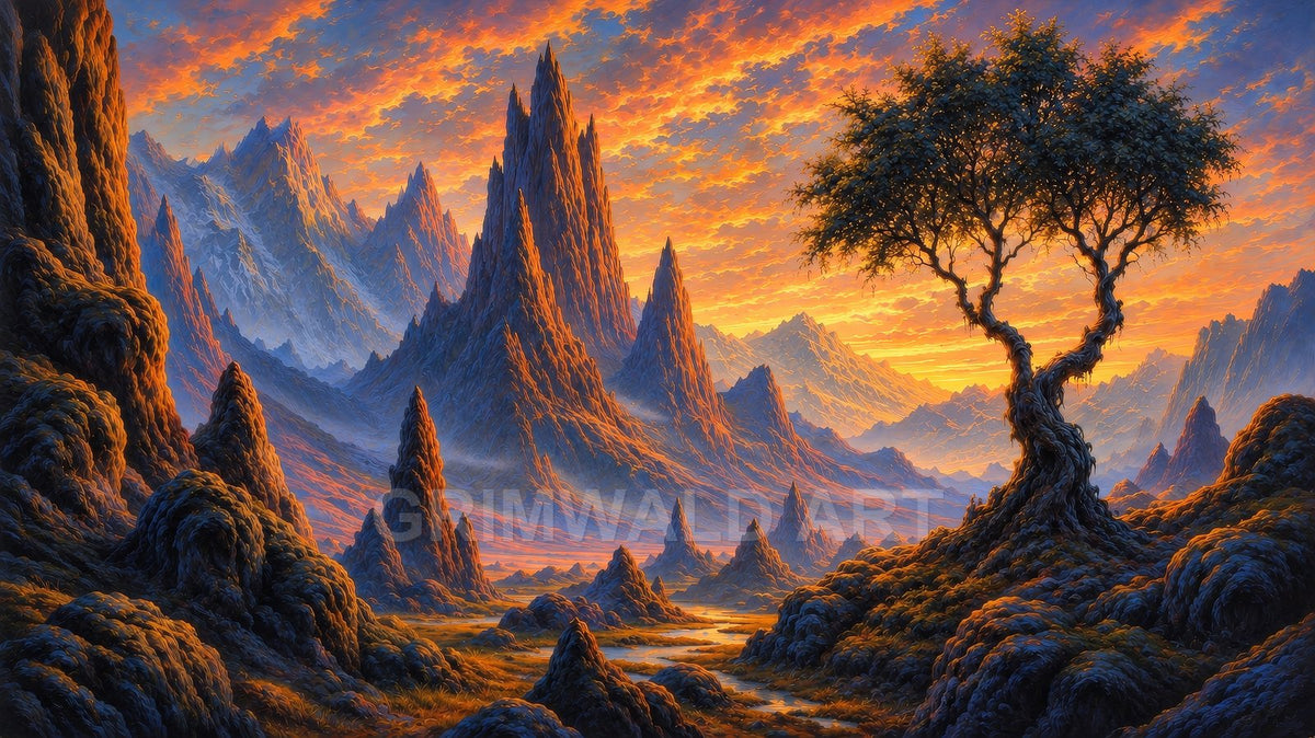 Jagged fantasy mountain spires surround a winding river and solitary twisted tree beneath a glowing sunset sky filled with amber, cloud-streaked light.