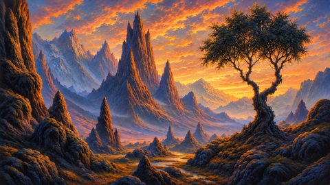 GRID THUMBNAIL — Jagged fantasy mountain spires surround a winding river and solitary twisted tree beneath a glowing sunset sky filled with amber, cloud-streaked light.