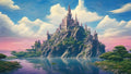GRID THUMBNAIL — A grand spired castle crowns a rocky island in a calm lake beneath pink sunset clouds, with lush trees, distant mountains and mirrored water reflections.