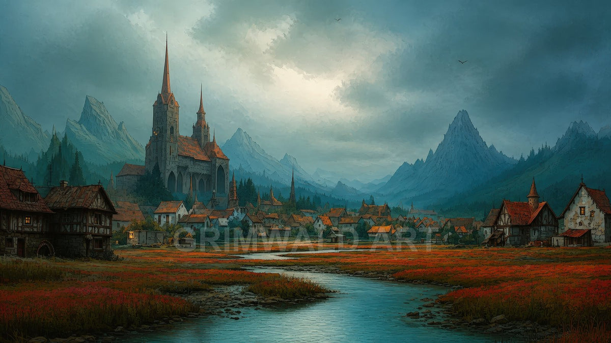 Tall spired cathedral overlooks a medieval village and winding river, set in a misty mountain valley with pine forests under cloudy daylight.