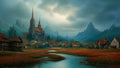GRID THUMBNAIL — Tall spired cathedral overlooks a medieval village and winding river, set in a misty mountain valley with pine forests under cloudy daylight.