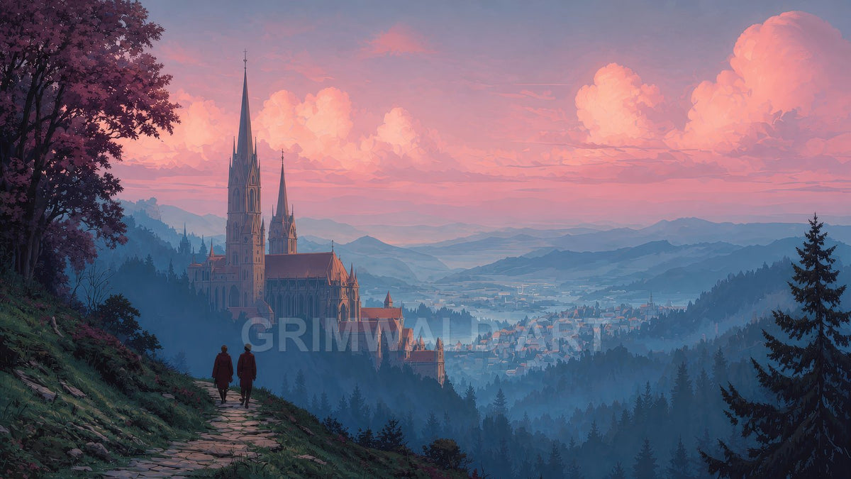 A grand Gothic cathedral with towering spires overlooks a misty mountain valley and distant town at pink sunset, with two travellers on a stone path.