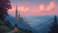 GRID THUMBNAIL — A grand Gothic cathedral with towering spires overlooks a misty mountain valley and distant town at pink sunset, with two travellers on a stone path.