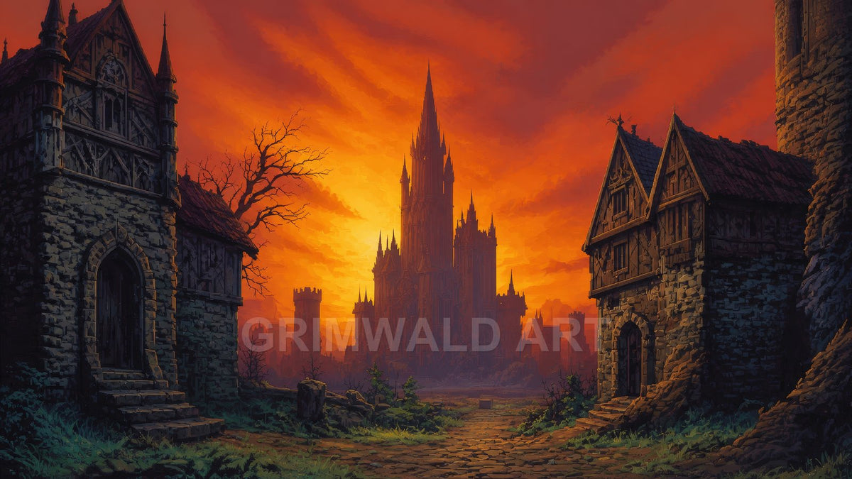 A towering spired castle silhouetted against a blazing orange sunset, framed by dark timber-framed houses and a cobblestone path through scrub.