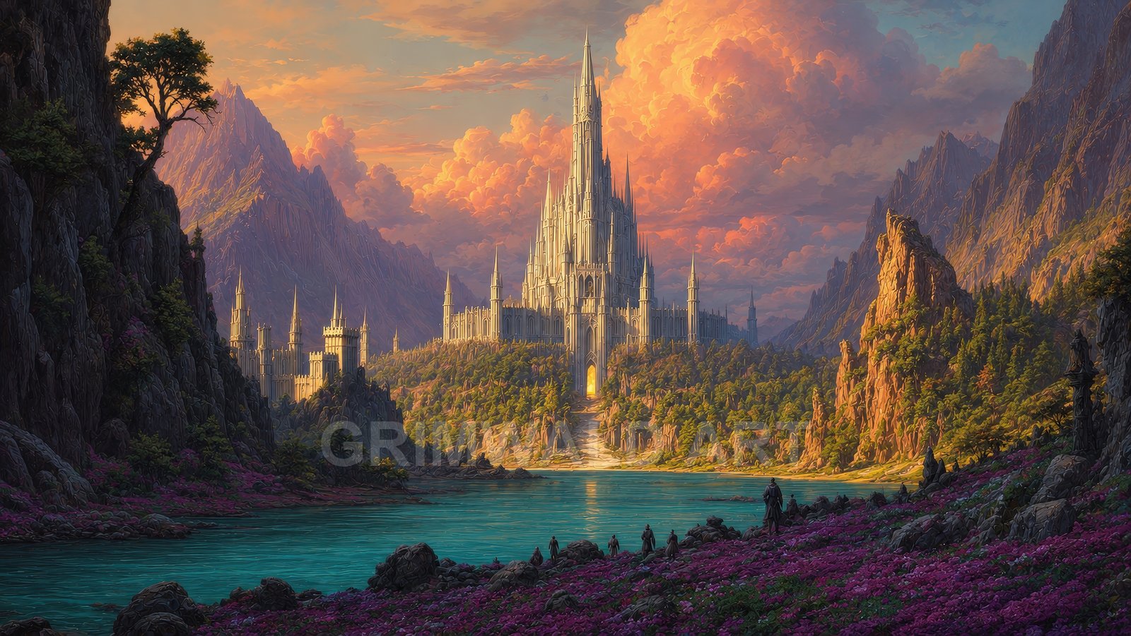 Majestic white spired castle on a forested island, surrounded by mountains and a turquoise lake, under glowing sunset clouds and warm golden light.