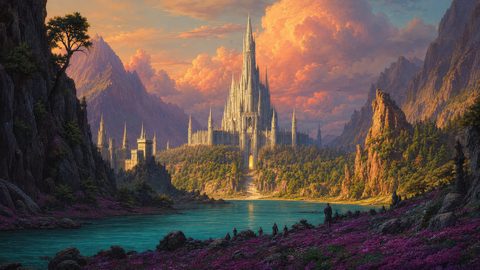 GRID THUMBNAIL — Majestic white spired castle on a forested island, surrounded by mountains and a turquoise lake, under glowing sunset clouds and warm golden light.