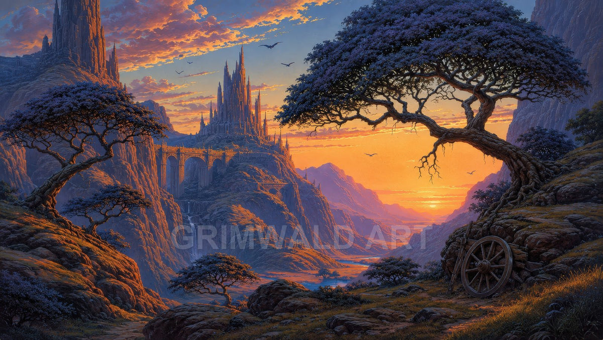 Grand spired castle atop rocky cliffs with arched bridge and waterfall, framed by twisting trees, sunset sky glowing orange over a winding valley.