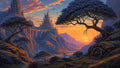 GRID THUMBNAIL — Grand spired castle atop rocky cliffs with arched bridge and waterfall, framed by twisting trees, sunset sky glowing orange over a winding valley.