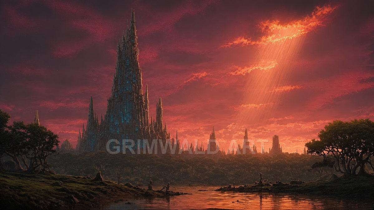 Vast spired fantasy city glows with blue lights beneath a dramatic orange sunset, sunbeams breaking through clouds over a river and forested shoreline.