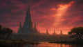 GRID THUMBNAIL — Vast spired fantasy city glows with blue lights beneath a dramatic orange sunset, sunbeams breaking through clouds over a river and forested shoreline.