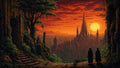 GRID THUMBNAIL — A sprawling spired fantasy city beneath an enormous setting sun, viewed from vine-choked ruins and trees, with two cloaked figures watching from a path.