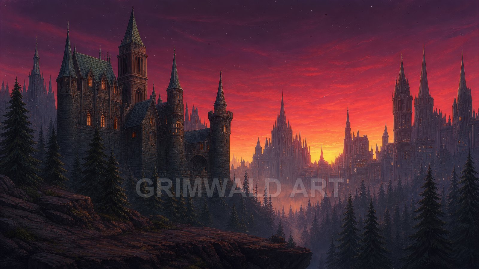 A gothic stone castle on a rocky ridge overlooks a vast spired city across a misty pine forest under a fiery sunset sky.