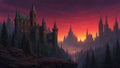 GRID THUMBNAIL — A gothic stone castle on a rocky ridge overlooks a vast spired city across a misty pine forest under a fiery sunset sky.