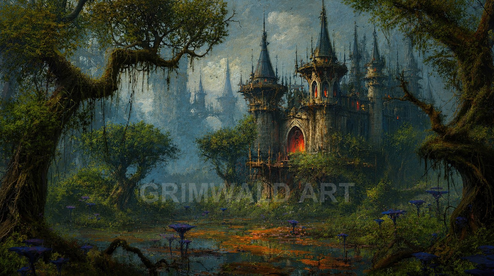 Gothic spired castle glowing with red light rises above a misty swamp, framed by twisted trees and purple mushrooms beneath a dusky sky.