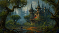 GRID THUMBNAIL — Gothic spired castle glowing with red light rises above a misty swamp, framed by twisted trees and purple mushrooms beneath a dusky sky.