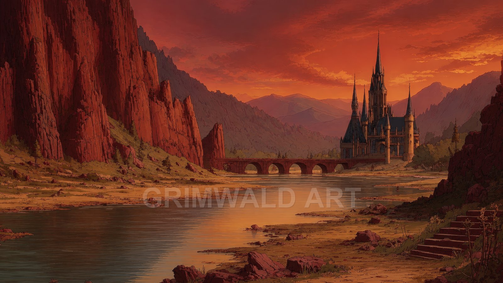 A spired castle stands beyond an arched stone bridge beside a calm river, red cliffs and distant mountains glowing beneath a vivid sunset.