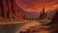 GRID THUMBNAIL — A spired castle stands beyond an arched stone bridge beside a calm river, red cliffs and distant mountains glowing beneath a vivid sunset.