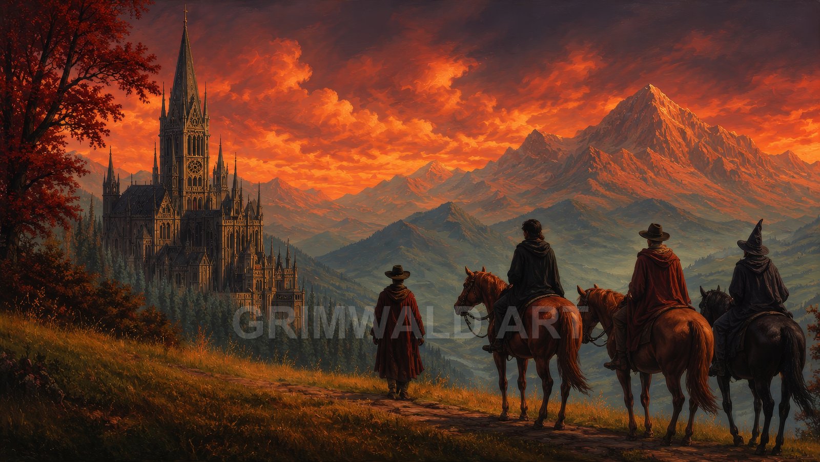 Four cloaked travellers approach a vast spired castle in a mountain valley under a blazing orange sunset sky, with forests and horses.