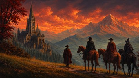 GRID THUMBNAIL — Four cloaked travellers approach a vast spired castle in a mountain valley under a blazing orange sunset sky, with forests and horses.
