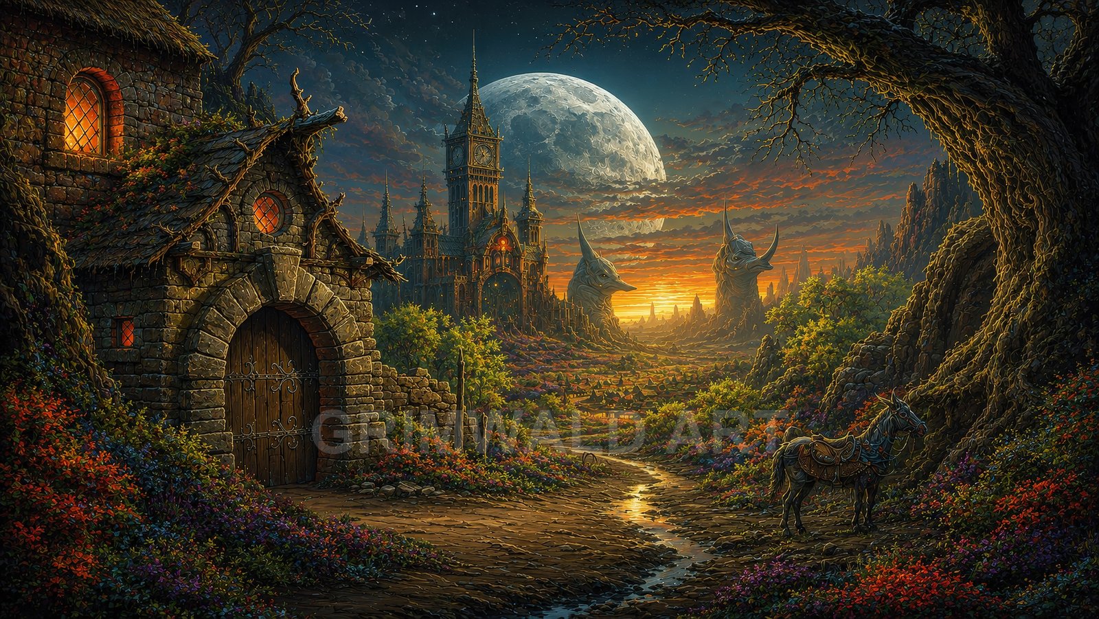 Fantasy valley at sunset with grand castle, giant horned statues, stone cottage, winding stream, vast moon, flowers and a saddled horse.