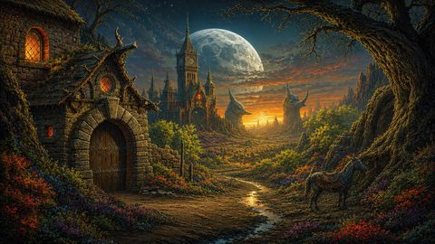 GRID THUMBNAIL — Fantasy valley at sunset with grand castle, giant horned statues, stone cottage, winding stream, vast moon, flowers and a saddled horse.