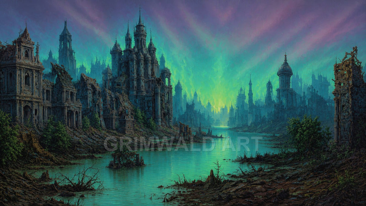 Ruined gothic towers line a stagnant river under an eerie teal and purple twilight sky, with overgrown debris and crumbling stonework throughout.