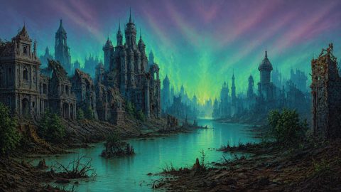 GRID THUMBNAIL — Ruined gothic towers line a stagnant river under an eerie teal and purple twilight sky, with overgrown debris and crumbling stonework throughout.