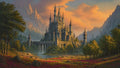 GRID THUMBNAIL — Grand stone castle with towering spires atop arched foundations by a river, set in a forested mountain valley beneath glowing sunset clouds.