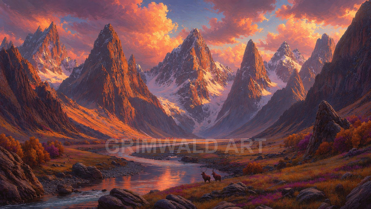 Jagged snow-capped mountains rise over a winding river and autumn valley under glowing orange clouds, with two deer standing in the foreground.