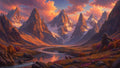 GRID THUMBNAIL — Jagged snow-capped mountains rise over a winding river and autumn valley under glowing orange clouds, with two deer standing in the foreground.
