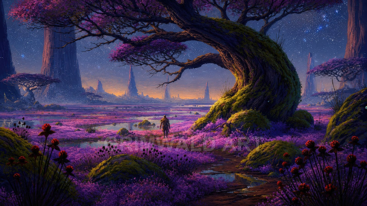 A moss-draped twisted tree overlooks a violet meadow with pools, a lone traveller walking toward distant spires beneath a starry twilight sky.