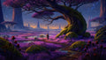 GRID THUMBNAIL — A moss-draped twisted tree overlooks a violet meadow with pools, a lone traveller walking toward distant spires beneath a starry twilight sky.