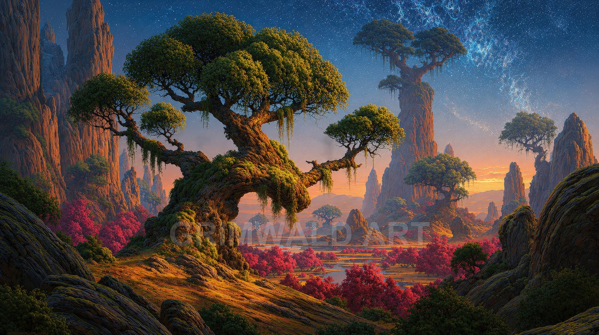 Fantastical landscape with a gnarled, bonsai-like tree over a rocky valley of pink shrubs, water pools and towering spires beneath a starry twilight sky.