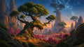 GRID THUMBNAIL — Fantastical landscape with a gnarled, bonsai-like tree over a rocky valley of pink shrubs, water pools and towering spires beneath a starry twilight sky.