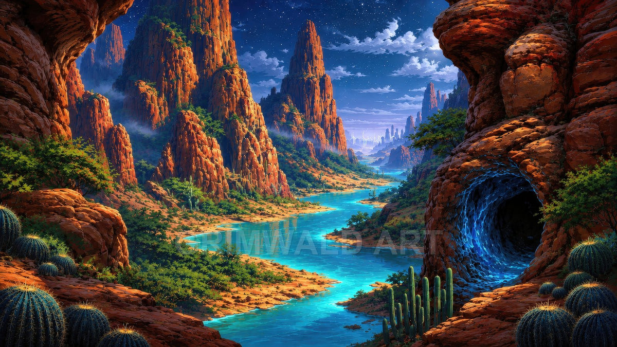 A turquoise river winds through red-rock spires and cacti under a starry night sky, with a softly glowing blue cave entrance in the foreground.