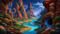 GRID THUMBNAIL — A turquoise river winds through red-rock spires and cacti under a starry night sky, with a softly glowing blue cave entrance in the foreground.