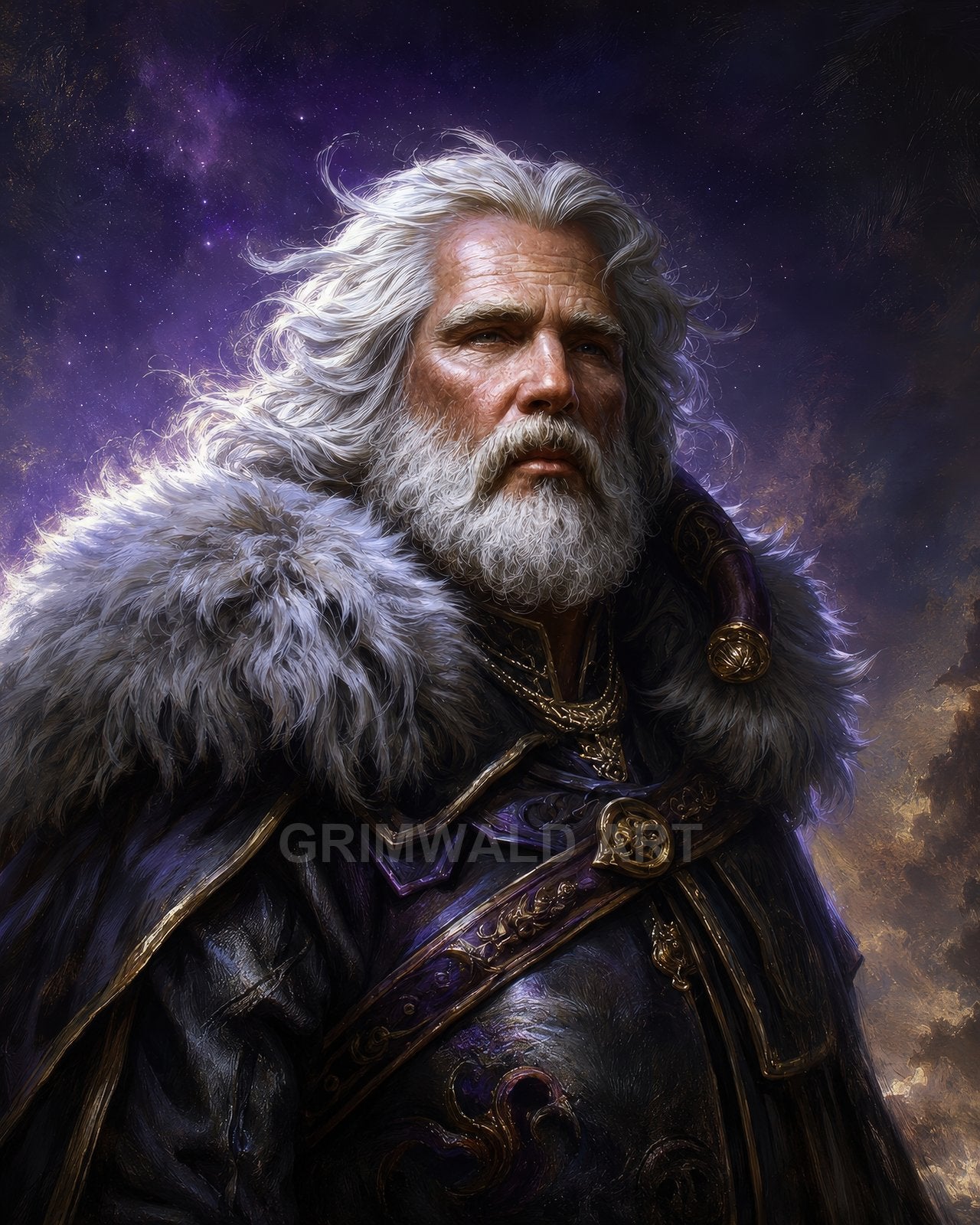 Portrait of an elderly bearded man in purple, fur-trimmed robes with ornate clasps, gazing solemnly against a starry, cosmic background.