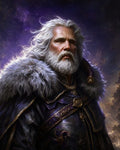 GRID THUMBNAIL — Portrait of an elderly bearded man in purple, fur-trimmed robes with ornate clasps, gazing solemnly against a starry, cosmic background.