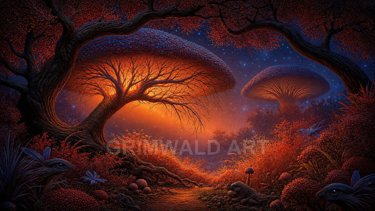 A glowing mushroom-shaped tree lights a red-leafed forest at night, with starry sky, twisted trunks, and small blue-winged insects hovering among foliage.