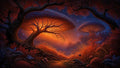 GRID THUMBNAIL — A glowing mushroom-shaped tree lights a red-leafed forest at night, with starry sky, twisted trunks, and small blue-winged insects hovering among foliage.