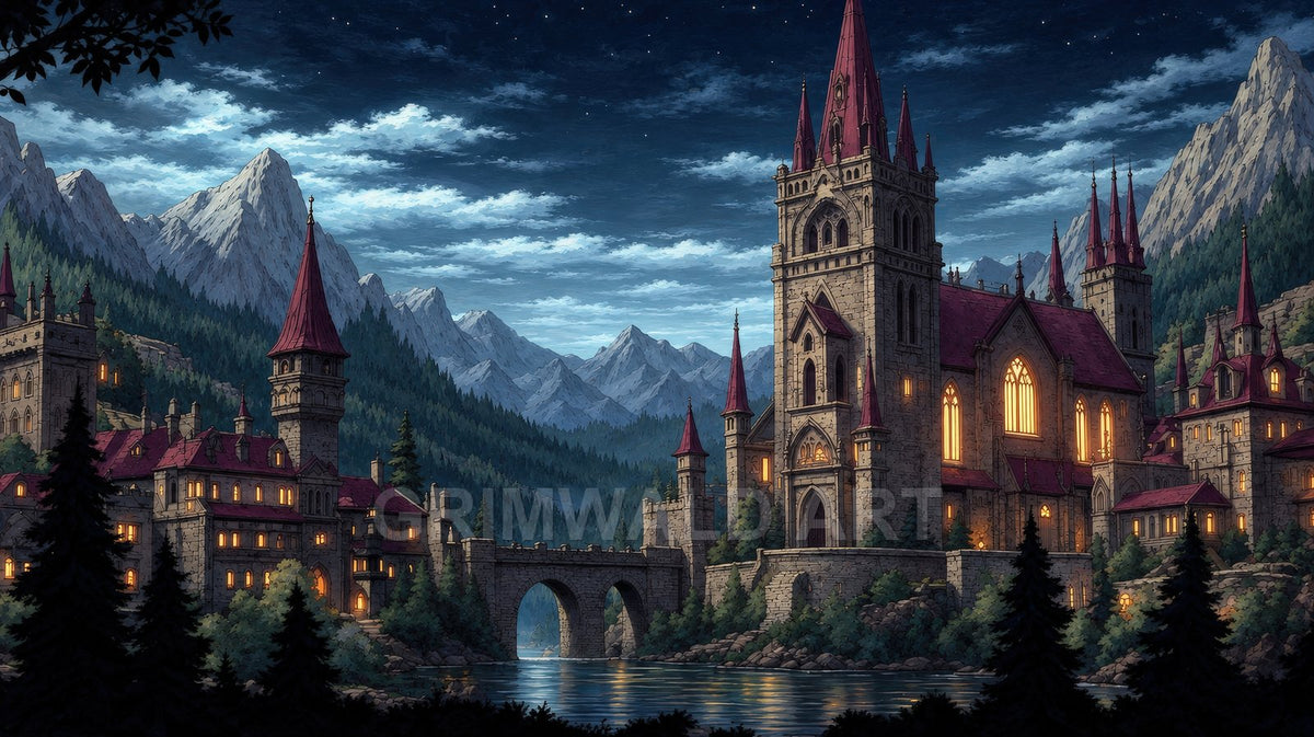 Gothic stone castle with red spires and glowing windows beside a calm river and arched bridge, framed by pines and starlit mountains.