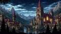 GRID THUMBNAIL — Gothic stone castle with red spires and glowing windows beside a calm river and arched bridge, framed by pines and starlit mountains.
